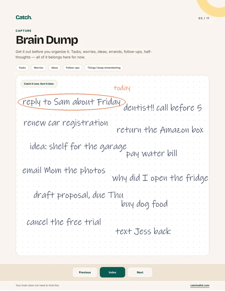 The Catch Brain Dump page filled in with a dozen handwritten tasks, with one of them, reply to Sam about Friday, circled for today.