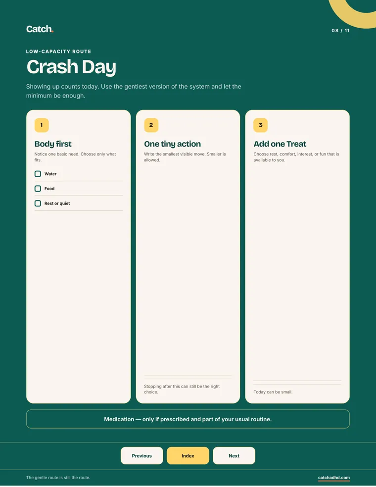 The Catch Crash Day page: body first, one tiny action, one small treat.