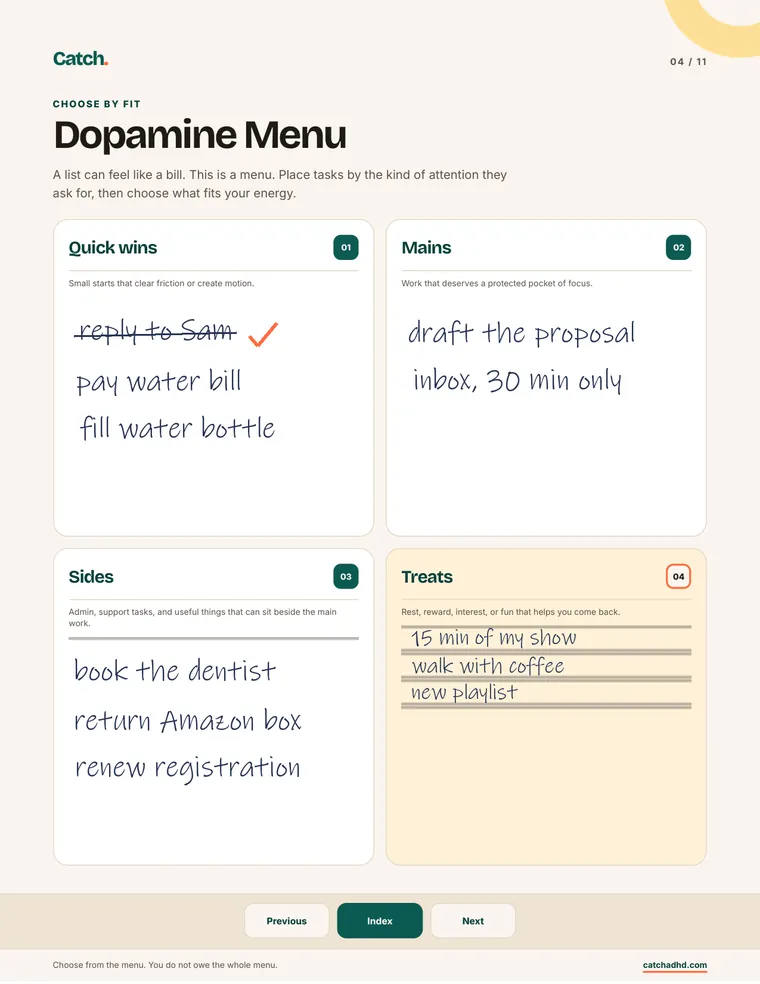 The Catch Dopamine Menu page filled in: quick wins, mains, sides and treats, with one quick win crossed off.