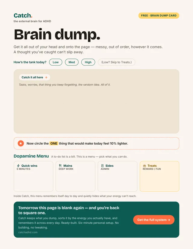The free Brain Dump Card: one printable page with a brain-dump area and a small Dopamine Menu.